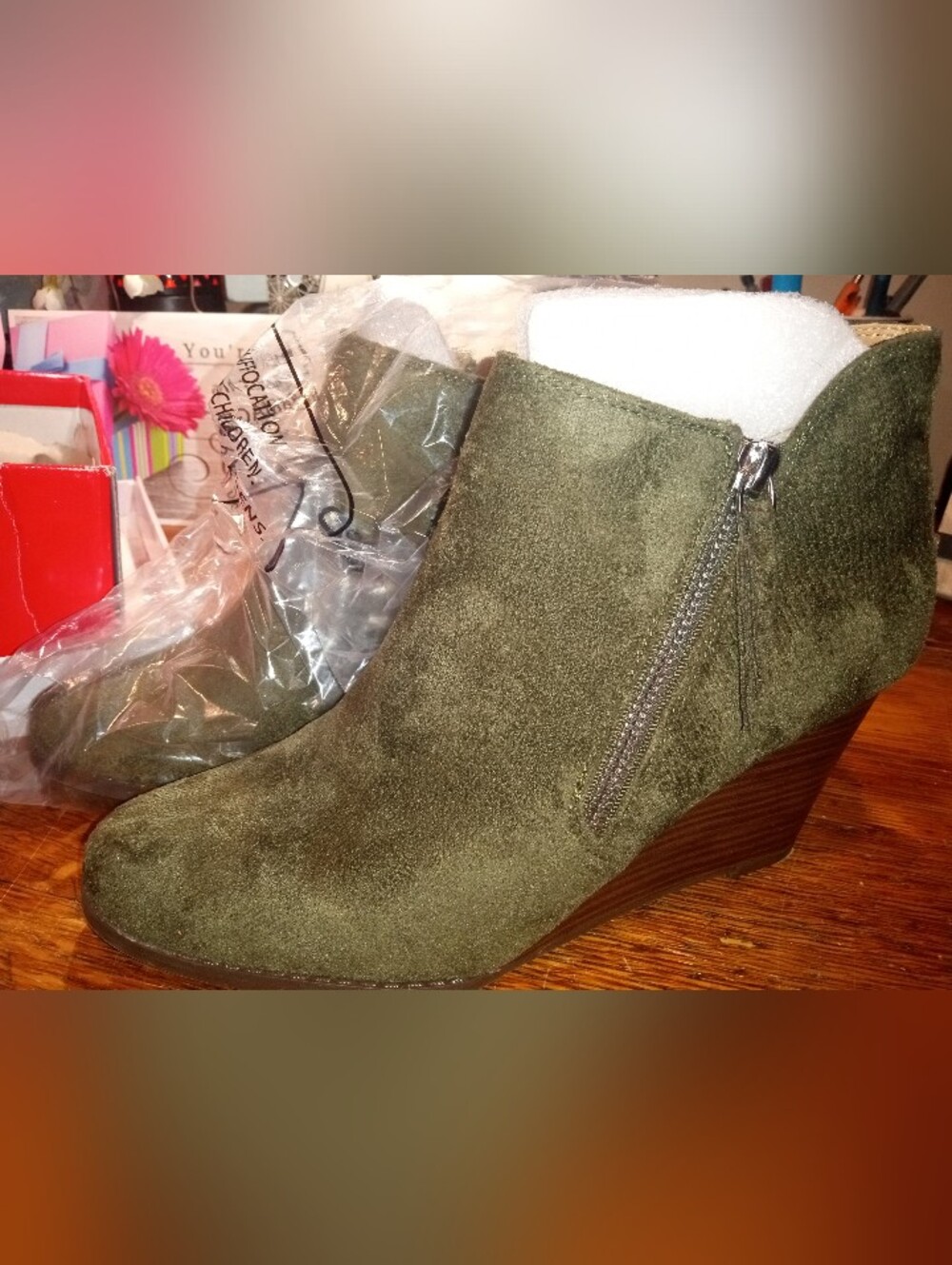 new directions Olive Suede Wedge Ankle Bootie